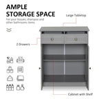 Meuble de salle de bain autoportant en bois gris avec 2 tiroirs et une étagère réglable
