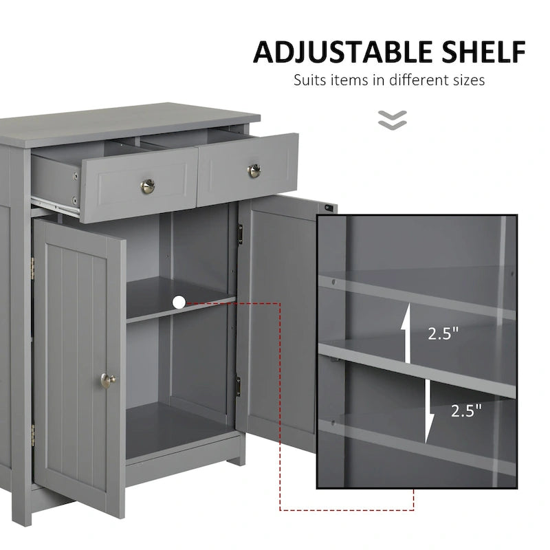 Meuble de salle de bain autoportant en bois gris avec 2 tiroirs et une étagère réglable