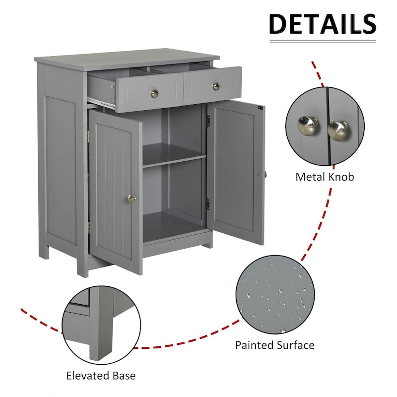 Meuble de salle de bain autoportant en bois gris avec 2 tiroirs et une étagère réglable