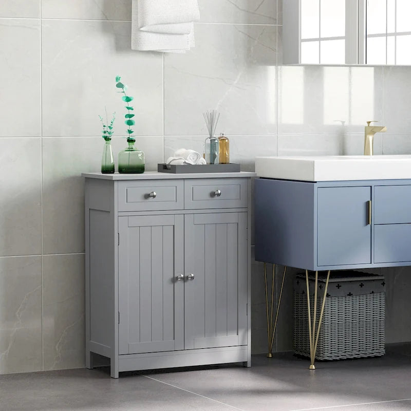 Meuble de salle de bain autoportant en bois gris avec 2 tiroirs et une étagère réglable
