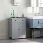 Meuble de salle de bain autoportant en bois gris avec 2 tiroirs et une étagère réglable