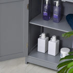 Meuble de salle de bain autoportant en bois gris avec 2 tiroirs et une étagère réglable