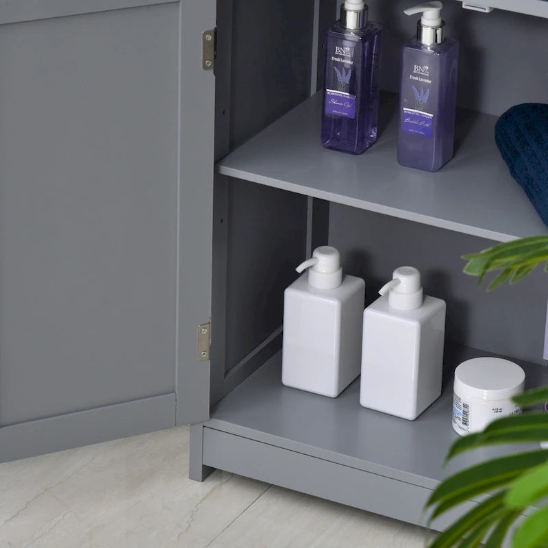 Meuble de salle de bain autoportant en bois gris avec 2 tiroirs et une étagère réglable