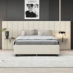 Lit Plateforme Rembourré en Velours Beige avec Tête de Lit Surdimensionnée — Grand Lit, 1 Place