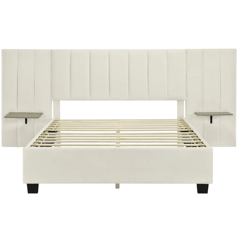 Lit Plateforme Rembourré en Velours Beige avec Tête de Lit Surdimensionnée — Grand Lit, 1 Place