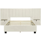 Lit Plateforme Rembourré en Velours Beige avec Tête de Lit Surdimensionnée — Grand Lit, 1 Place