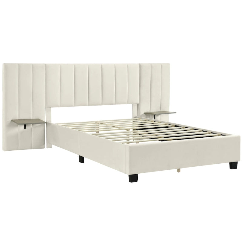 Lit Plateforme Rembourré en Velours Beige avec Tête de Lit Surdimensionnée — Grand Lit, 1 Place