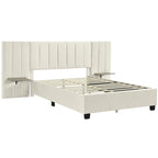 Lit Plateforme Rembourré en Velours Beige avec Tête de Lit Surdimensionnée — Grand Lit, 1 Place