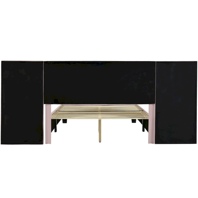Lit Plateforme Rembourré en Velours Beige avec Tête de Lit Surdimensionnée — Grand Lit, 1 Place