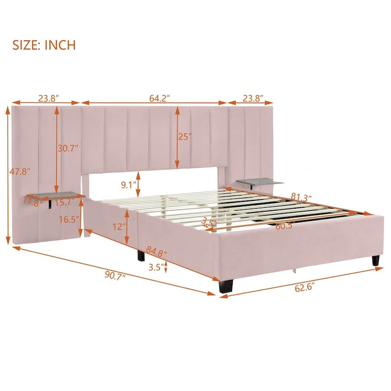 Lit Plateforme Rembourré en Velours Beige avec Tête de Lit Surdimensionnée — Grand Lit, 1 Place