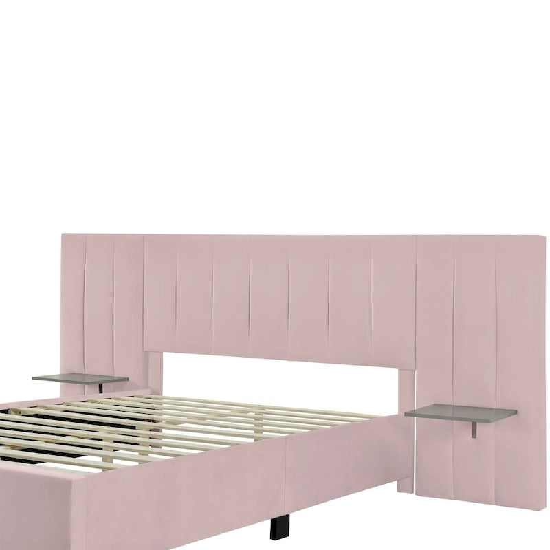 Lit Plateforme Rembourré en Velours Beige avec Tête de Lit Surdimensionnée — Grand Lit, 1 Place