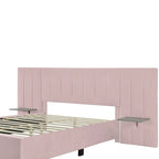 Lit Plateforme Rembourré en Velours Beige avec Tête de Lit Surdimensionnée — Grand Lit, 1 Place