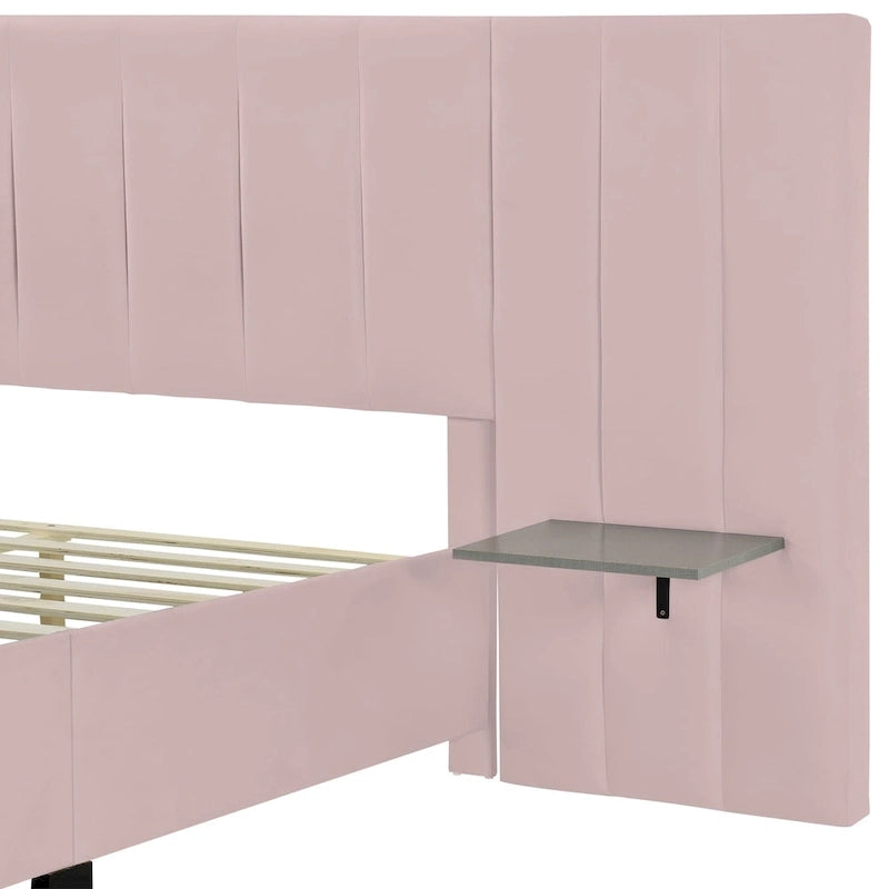 Lit Plateforme Rembourré en Velours Beige avec Tête de Lit Surdimensionnée — Grand Lit, 1 Place