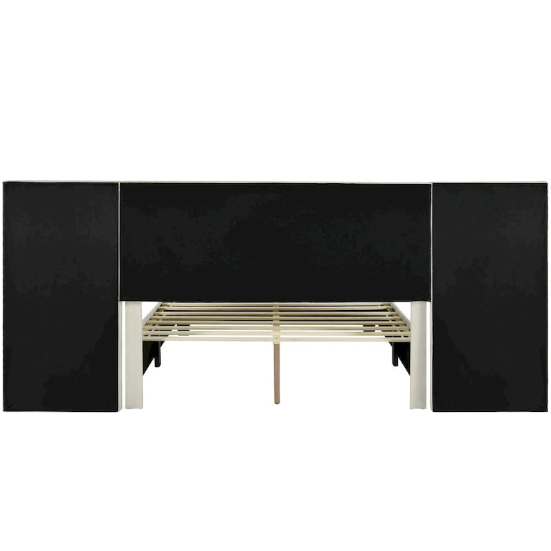 Lit Plateforme Rembourré en Velours Beige avec Tête de Lit Surdimensionnée — Grand Lit, 1 Place
