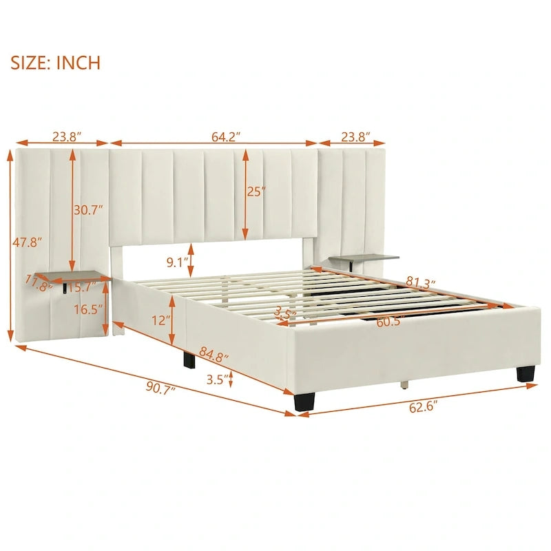 Lit Plateforme Rembourré en Velours Beige avec Tête de Lit Surdimensionnée — Grand Lit, 1 Place