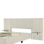 Lit Plateforme Rembourré en Velours Beige avec Tête de Lit Surdimensionnée — Grand Lit, 1 Place