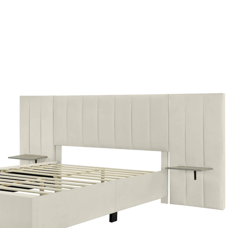 Lit Plateforme Rembourré en Velours Beige avec Tête de Lit Surdimensionnée — Grand Lit, 1 Place