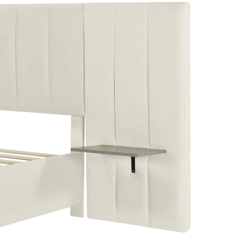 Lit Plateforme Rembourré en Velours Beige avec Tête de Lit Surdimensionnée — Grand Lit, 1 Place