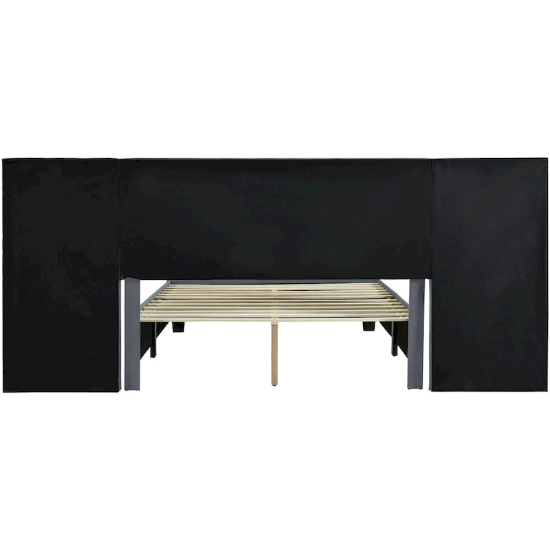 Lit Plateforme Rembourré en Velours Beige avec Tête de Lit Surdimensionnée — Grand Lit, 1 Place
