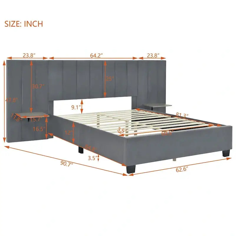 Lit Plateforme Rembourré en Velours Beige avec Tête de Lit Surdimensionnée — Grand Lit, 1 Place