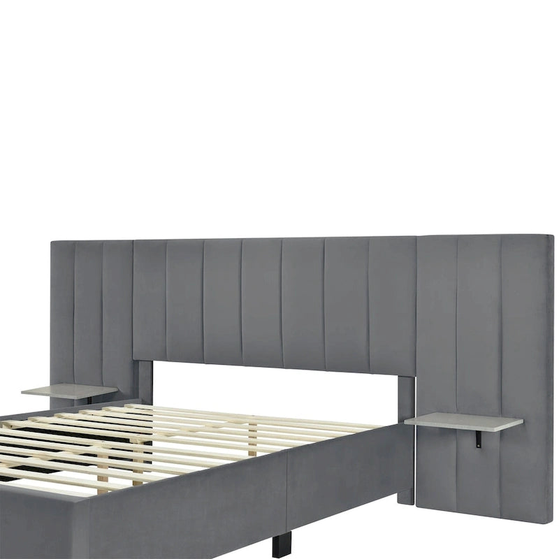Lit Plateforme Rembourré en Velours Beige avec Tête de Lit Surdimensionnée — Grand Lit, 1 Place