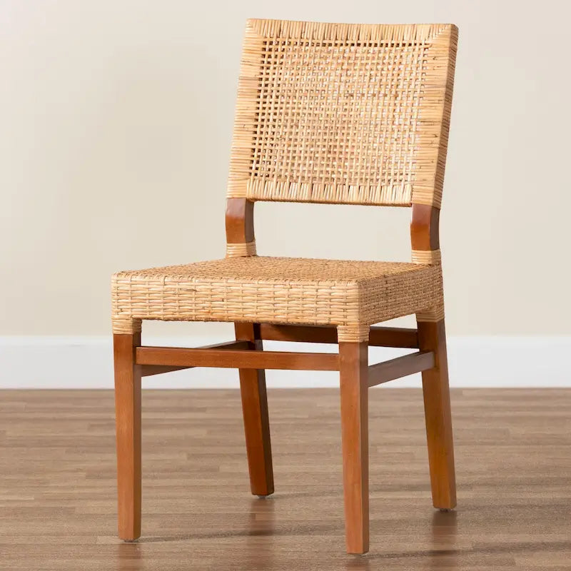 Chaise de salle à manger en rotin brun naturel et noyer, style bohème, 1 place