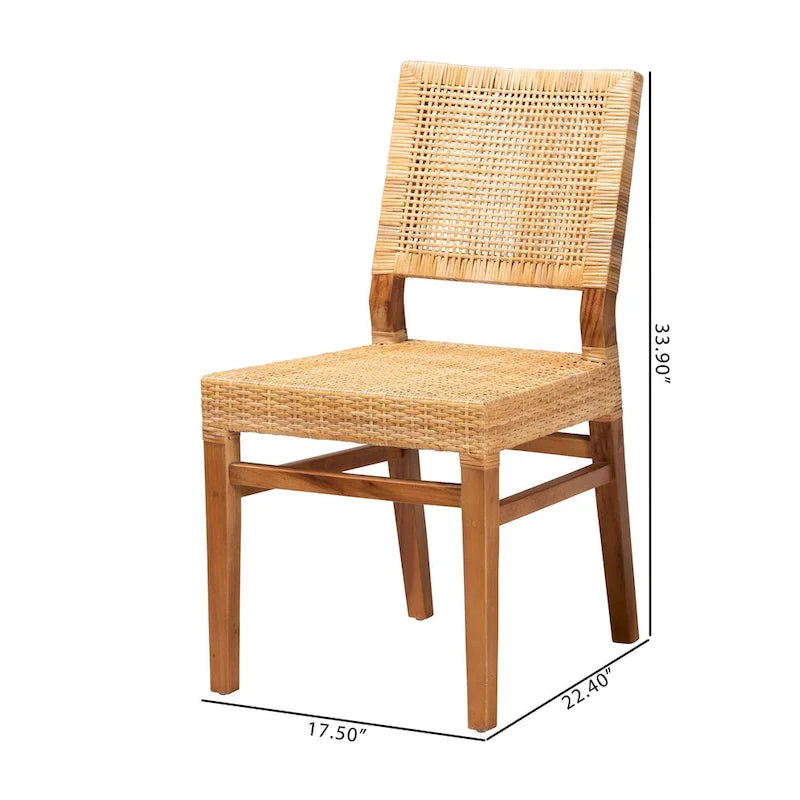 Chaise de salle à manger en rotin brun naturel et noyer, style bohème, 1 place