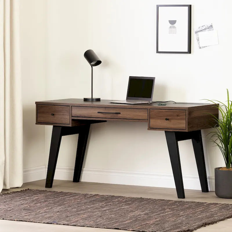 Bureau informatique scandinave Noyer Naturel / Blanc / Orme Clair avec multiprise — 1 Personne