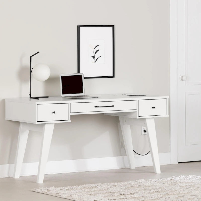 Bureau informatique scandinave Noyer Naturel / Blanc / Orme Clair avec multiprise — 1 Personne