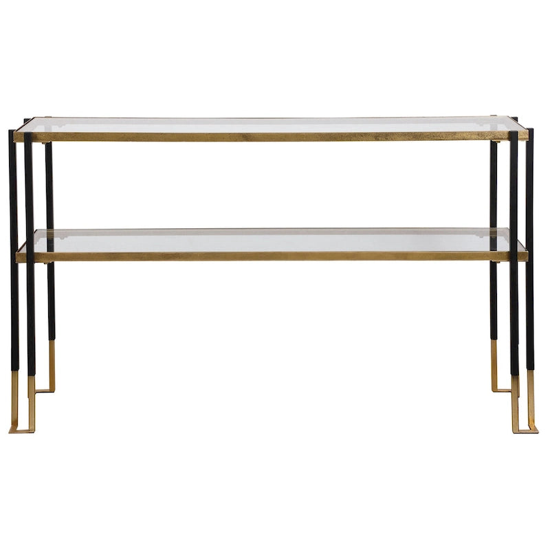 Console moderne à 2 étagères, noir mat et doré, plateau en verre