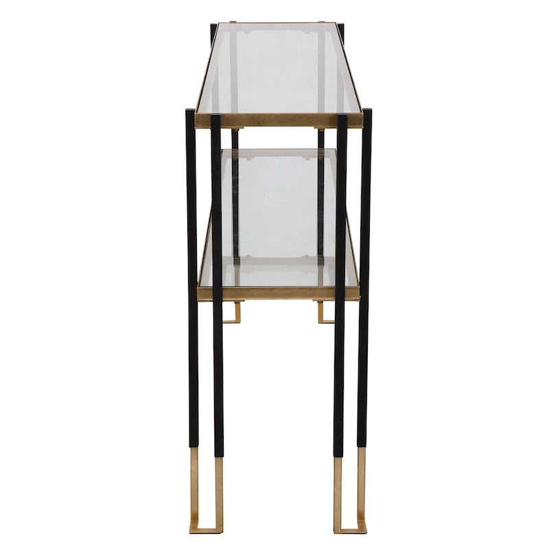 Console moderne à 2 étagères, noir mat et doré, plateau en verre