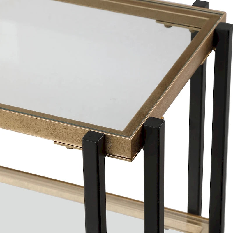 Console moderne à 2 étagères, noir mat et doré, plateau en verre