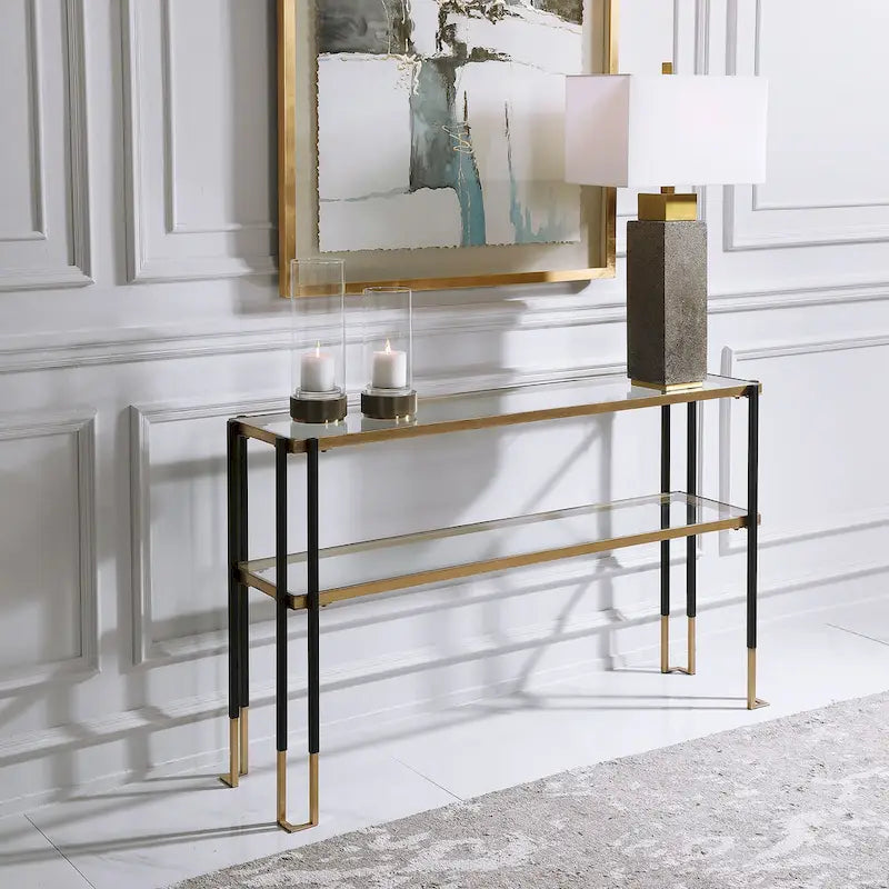 Console moderne à 2 étagères, noir mat et doré, plateau en verre