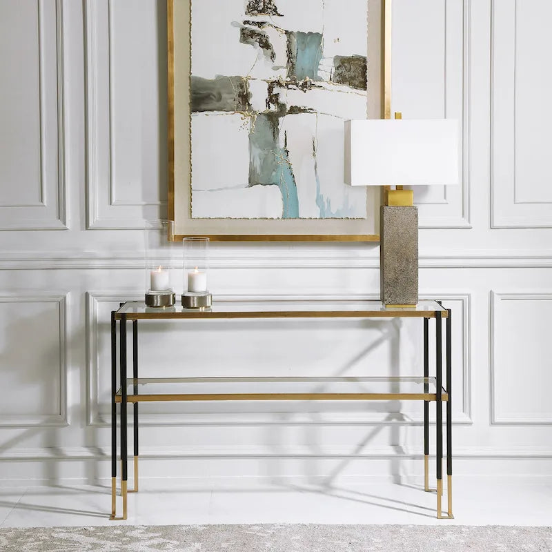 Console moderne à 2 étagères, noir mat et doré, plateau en verre