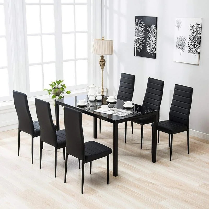 Ensemble de salle à manger 7 pièces pour 6 personnes avec plateau en verre noir