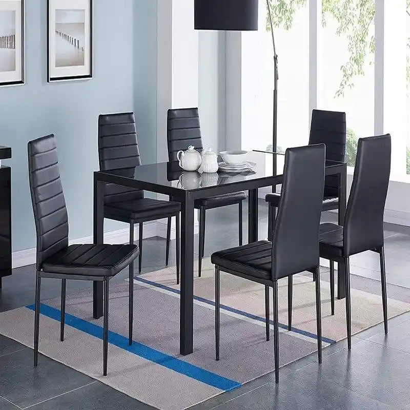 Ensemble de salle à manger 7 pièces pour 6 personnes avec plateau en verre noir