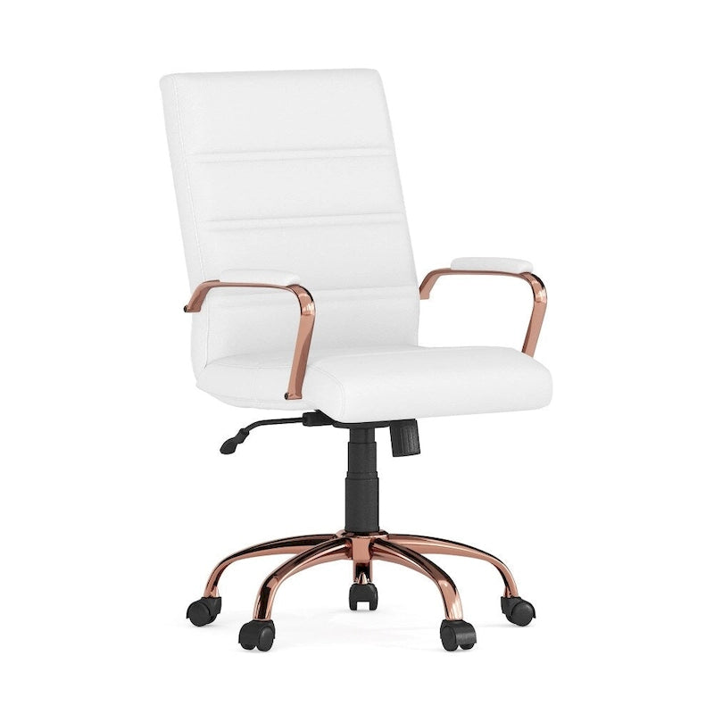 Chaise de bureau pivotante à dossier mi-haut en similicuir noir / blanc / marron / gris — Structure chromée / dorée / or rose, siège unique