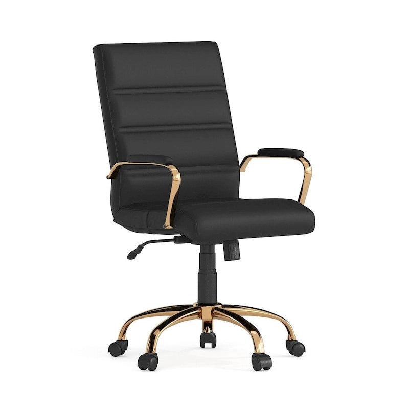 Chaise de bureau pivotante à dossier mi-haut en similicuir noir / blanc / marron / gris — Structure chromée / dorée / or rose, siège unique
