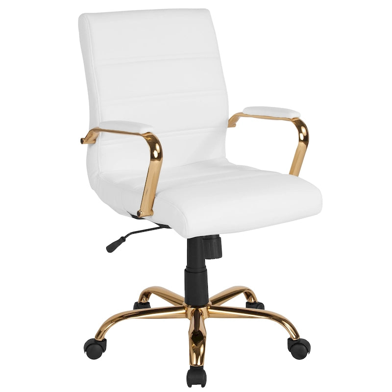 Chaise de bureau pivotante à dossier mi-haut en similicuir noir / blanc / marron / gris — Structure chromée / dorée / or rose, siège unique