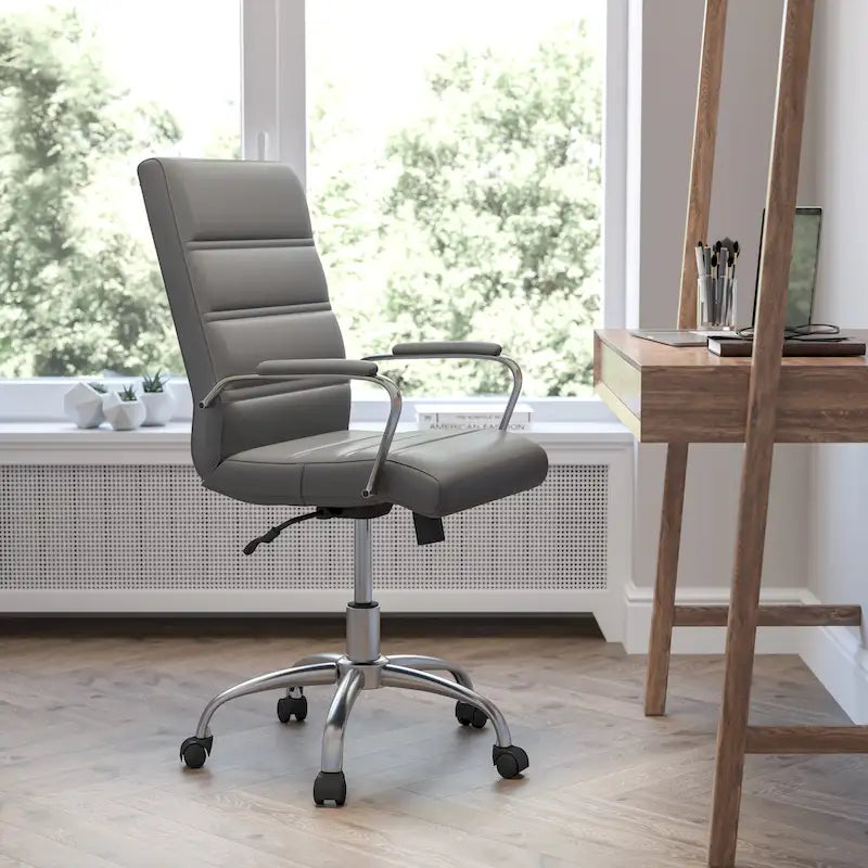 Chaise de bureau pivotante à dossier mi-haut en similicuir noir / blanc / marron / gris — Structure chromée / dorée / or rose, siège unique