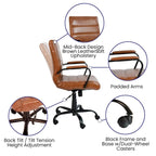 Chaise de bureau pivotante à dossier mi-haut en similicuir noir / blanc / marron / gris — Structure chromée / dorée / or rose, siège unique