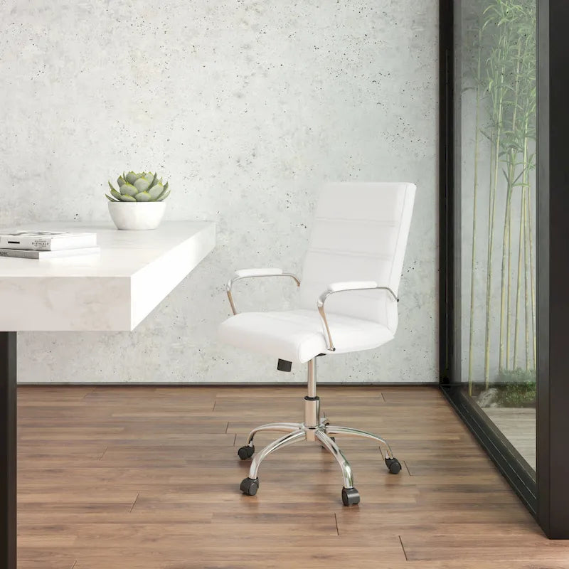 Chaise de bureau pivotante à dossier mi-haut en similicuir noir / blanc / marron / gris — Structure chromée / dorée / or rose, siège unique