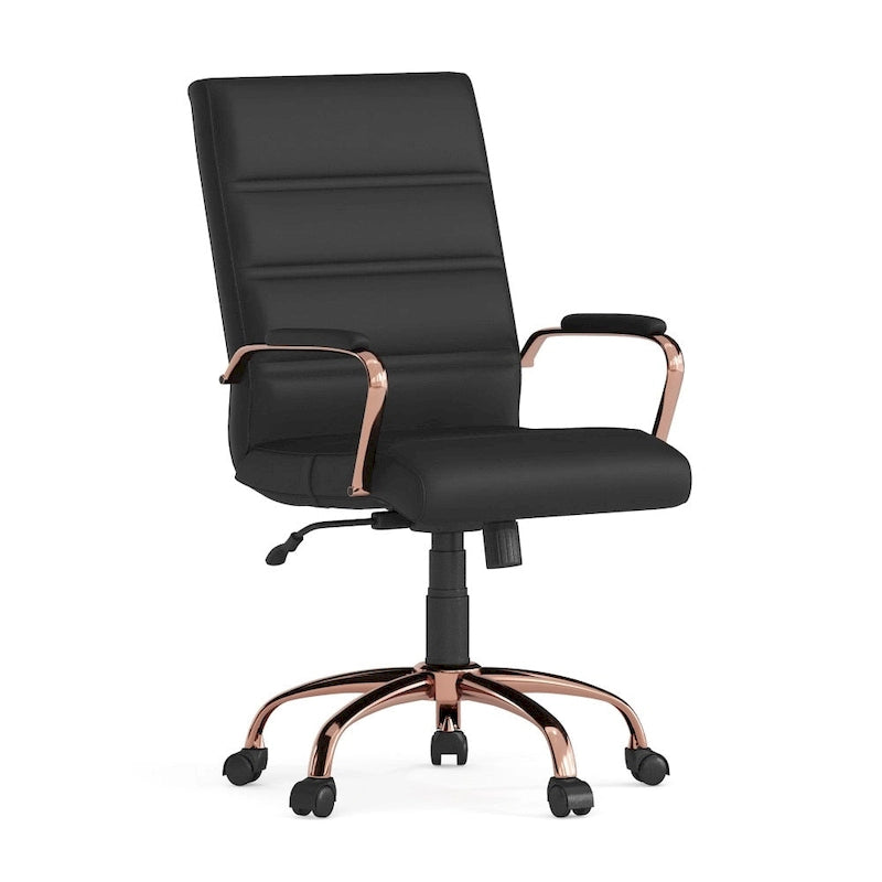 Chaise de bureau pivotante à dossier mi-haut en similicuir noir / blanc / marron / gris — Structure chromée / dorée / or rose, siège unique