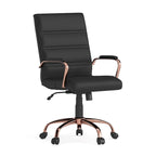 Chaise de bureau pivotante à dossier mi-haut en similicuir noir / blanc / marron / gris — Structure chromée / dorée / or rose, siège unique