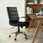 Chaise de bureau pivotante à dossier mi-haut en similicuir noir / blanc / marron / gris — Structure chromée / dorée / or rose, siège unique