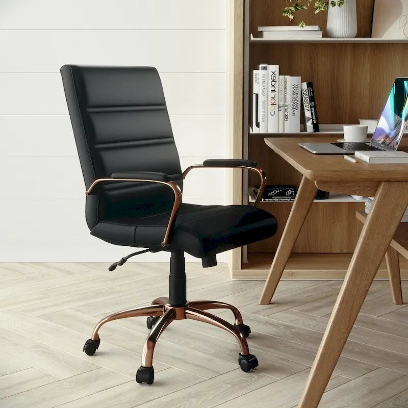 Chaise de bureau pivotante à dossier mi-haut en similicuir noir / blanc / marron / gris — Structure chromée / dorée / or rose, siège unique