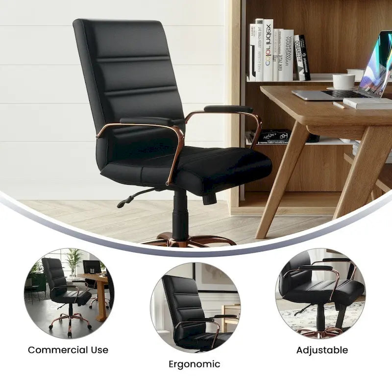 Chaise de bureau pivotante à dossier mi-haut en similicuir noir / blanc / marron / gris — Structure chromée / dorée / or rose, siège unique