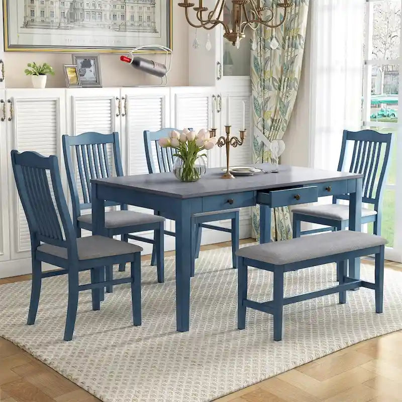 Ensemble de salle à manger 6 pièces bleu et gris antique pour 5 personnes