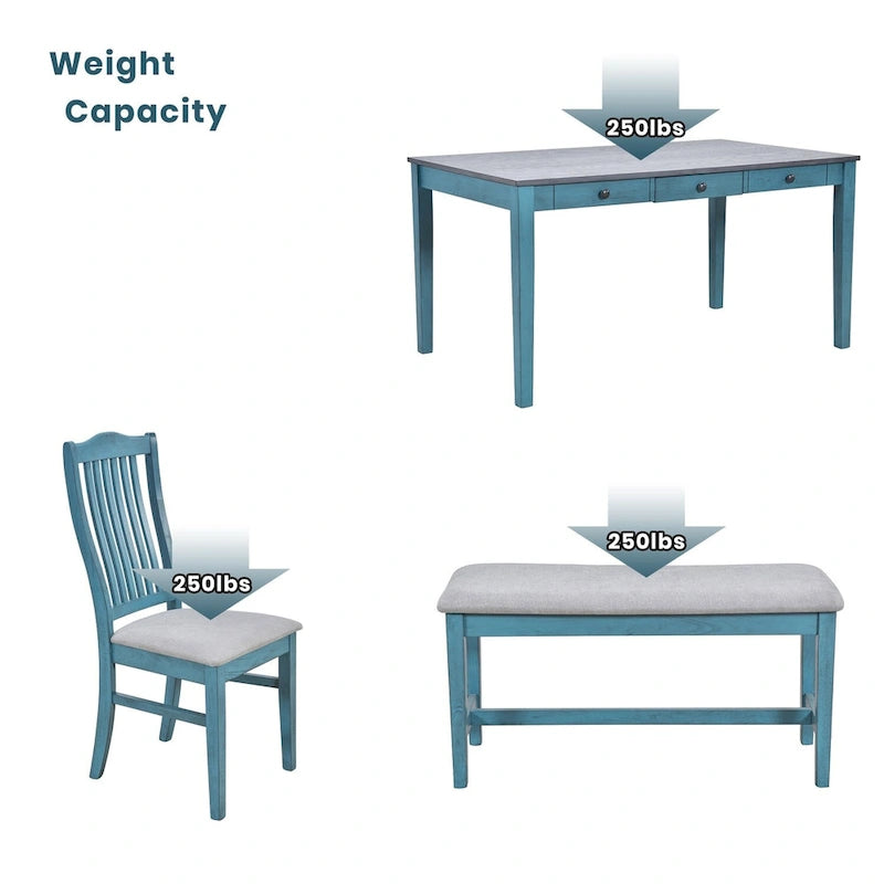 Ensemble de salle à manger 6 pièces bleu et gris antique pour 5 personnes