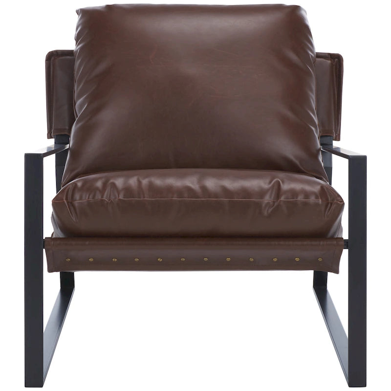 Fauteuil d'appoint individuel de couleur marron foncé/noir, style sling, avec coussin rembourré.